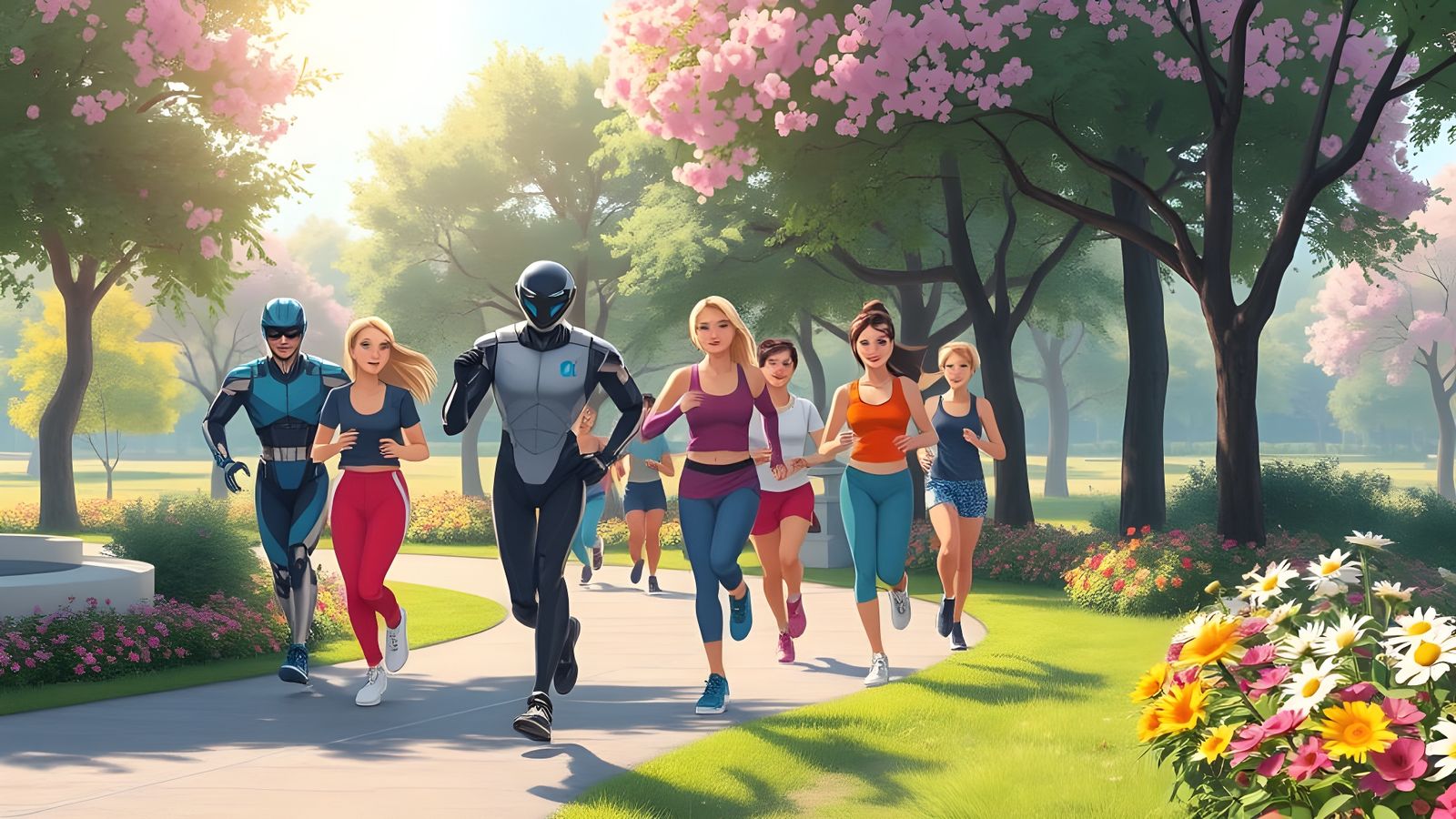 Humans and Robots Jogging in Anime-Style Park