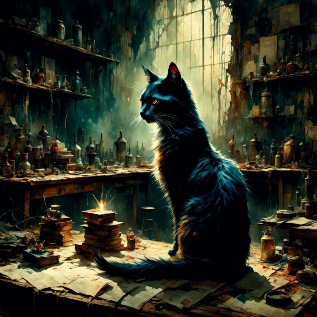 Witch's Cat Guards Workbench: Dark Fantasy Art