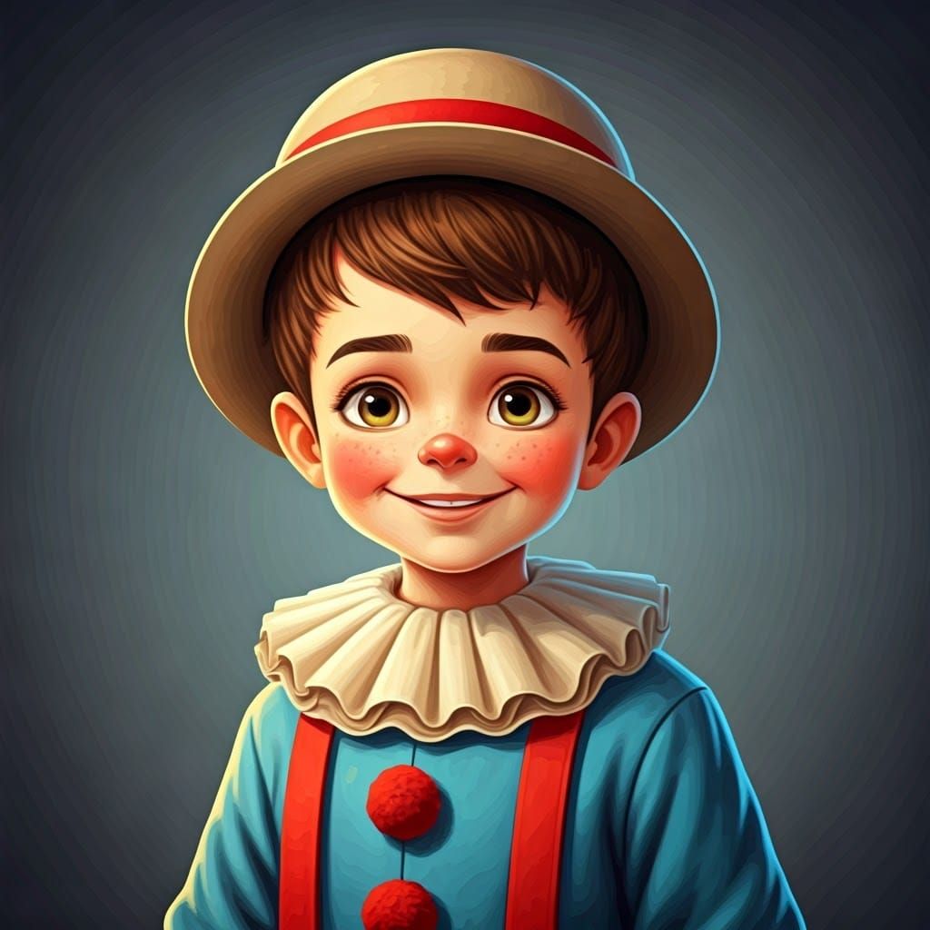 Young Hasidic Boy in Clown Attire Smiles Playfully