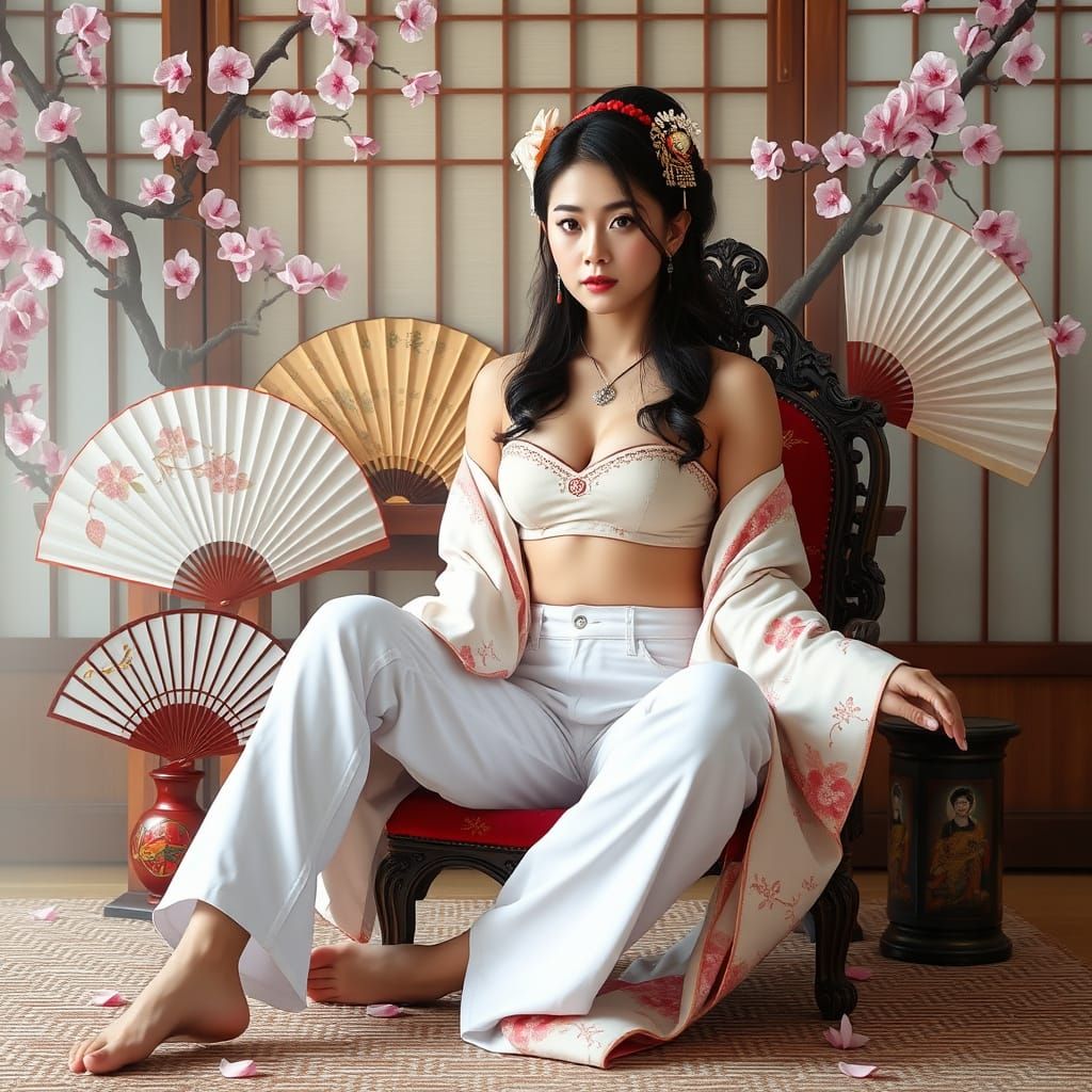 Geisha Beauty in Modern Jeans with Cherry Blossoms