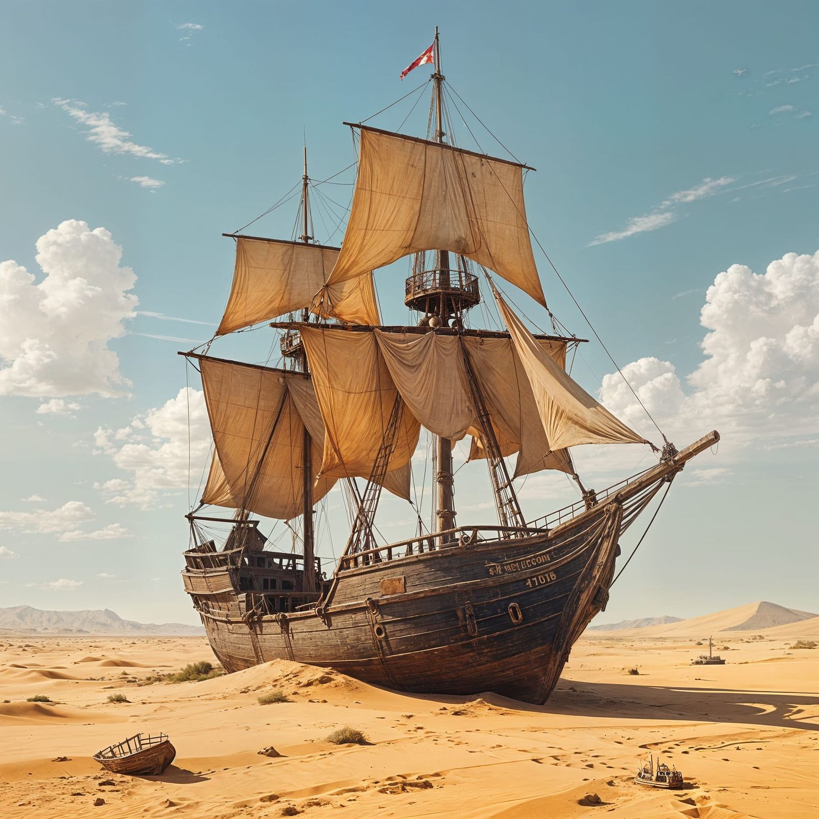 Weathered Sailing Ship Marooned in Desert