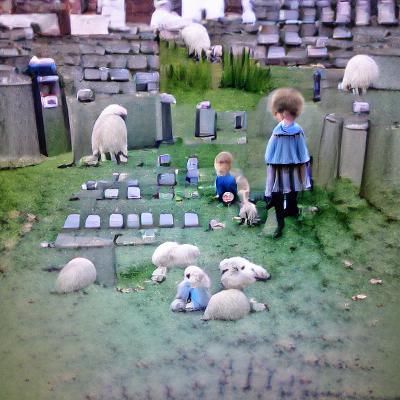 Graveyard Scene with Sheep and Sad Children