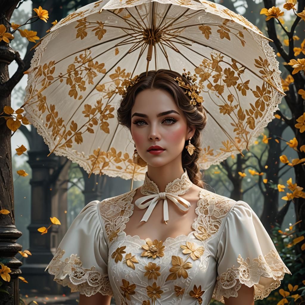 Vintage Lady with Lace Umbrella: Detailed Matte Painting