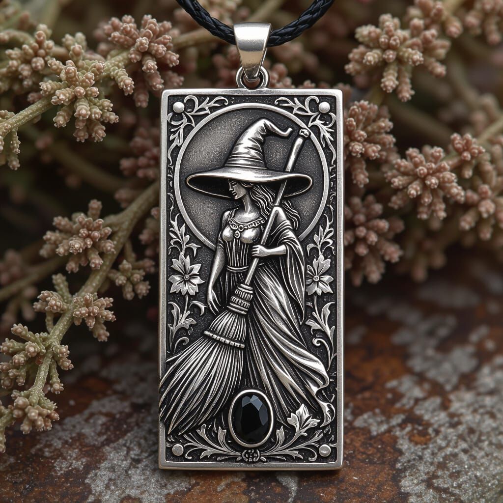 Art Nouveau Witch's Broom and Hat Pendant