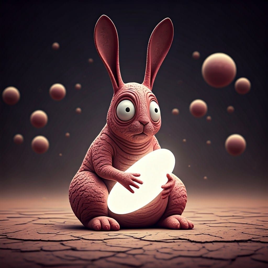 Surreal Pink Rabbit with Exaggerated Features in Earthy, Tex...