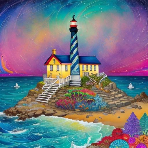 Colorful Lighthouse Illustration with Cute Cottages