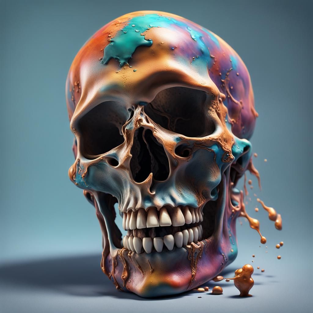 Hyperrealistic Figurine Connected to Oversized Skull