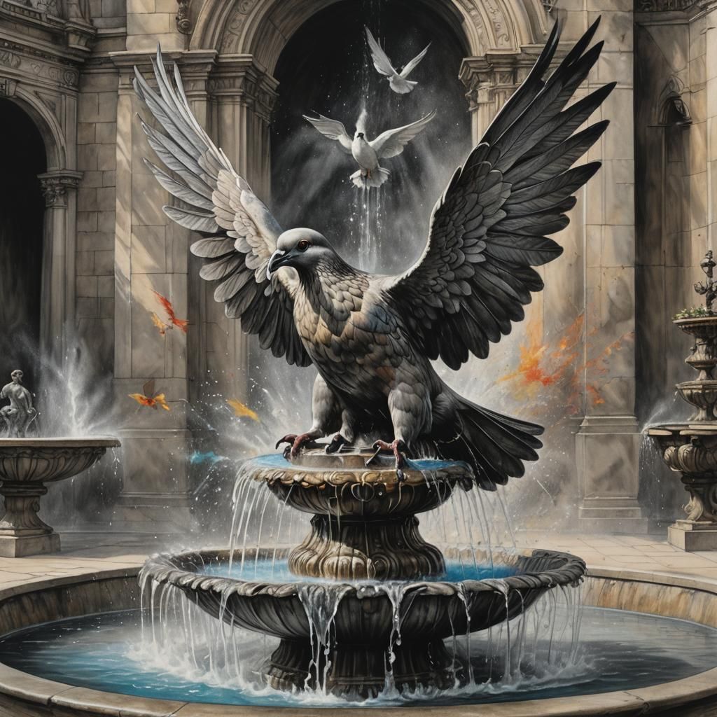 Dove Fountain in Charcoal Drawing Style