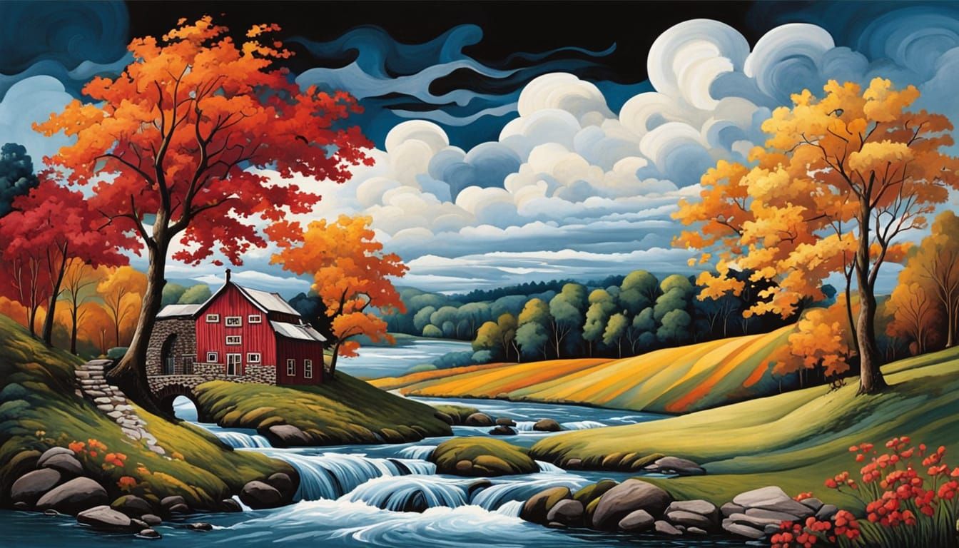 Vibrant Digital Watercolour of Swirling Riverside Scene with...