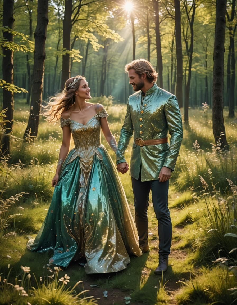 Fantasy Couple in Glittering Clothes on Sunny Meadow