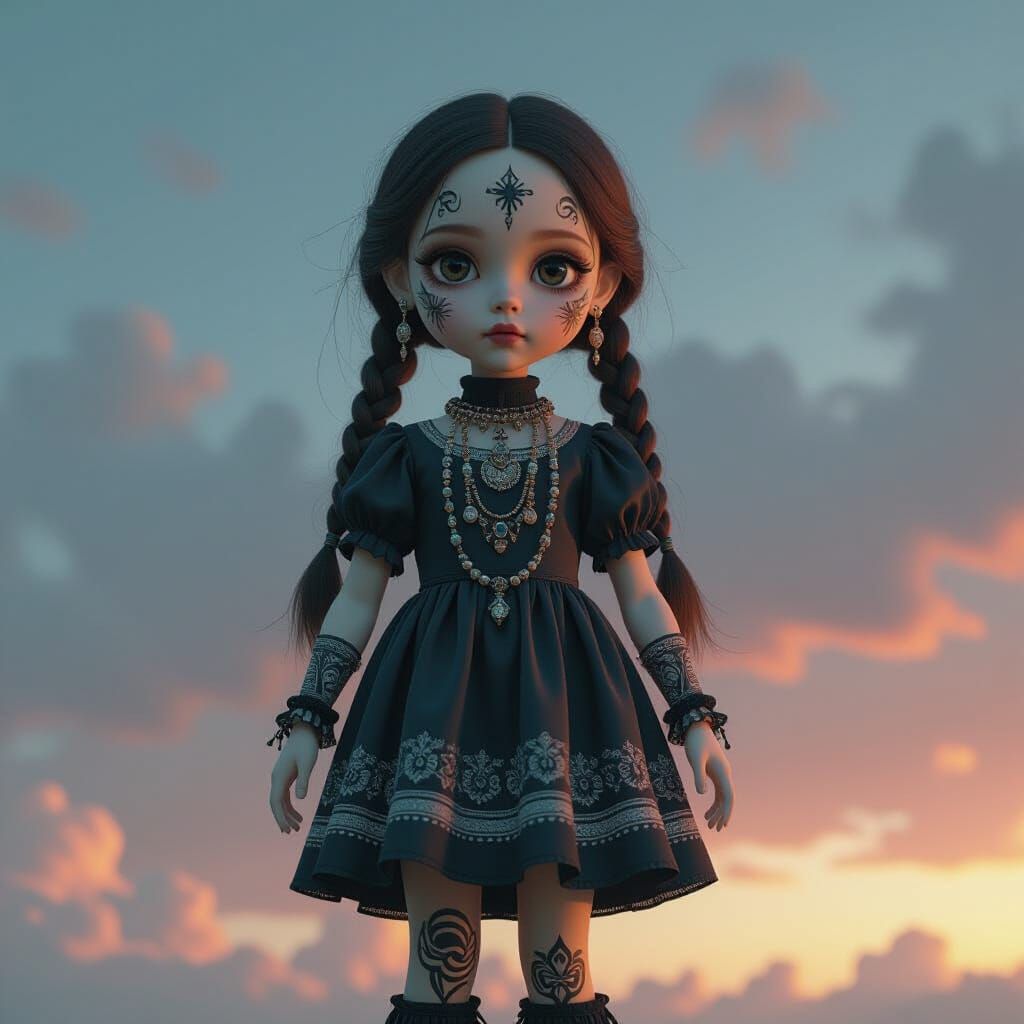 Gothic Doll Girl in Paradox Under Cloudy Sky