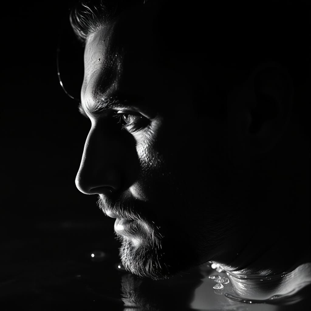 a high-contrast black and white portrait of a man.