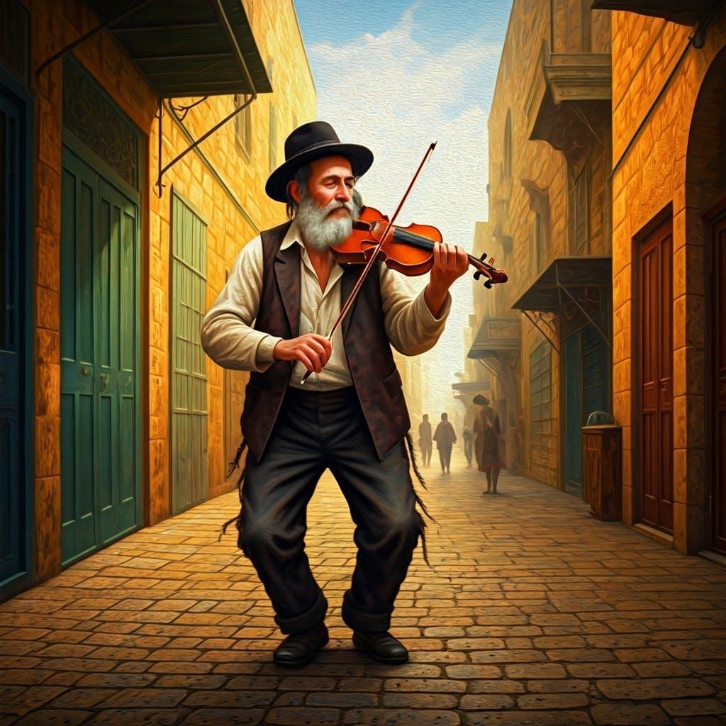 Emotional Violinist in Jerusalem, Oil Painting
