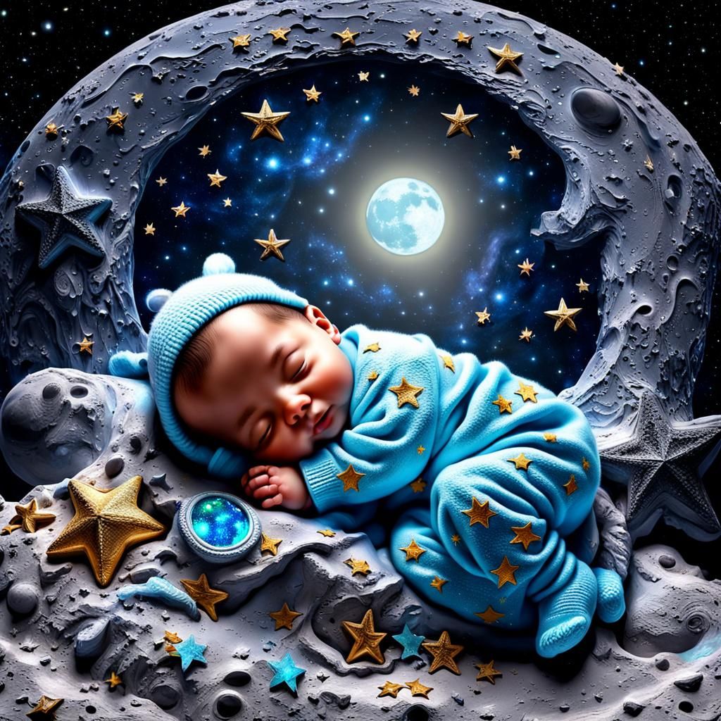 Baby Sleeping on Bioluminescent Moon in Galaxy
