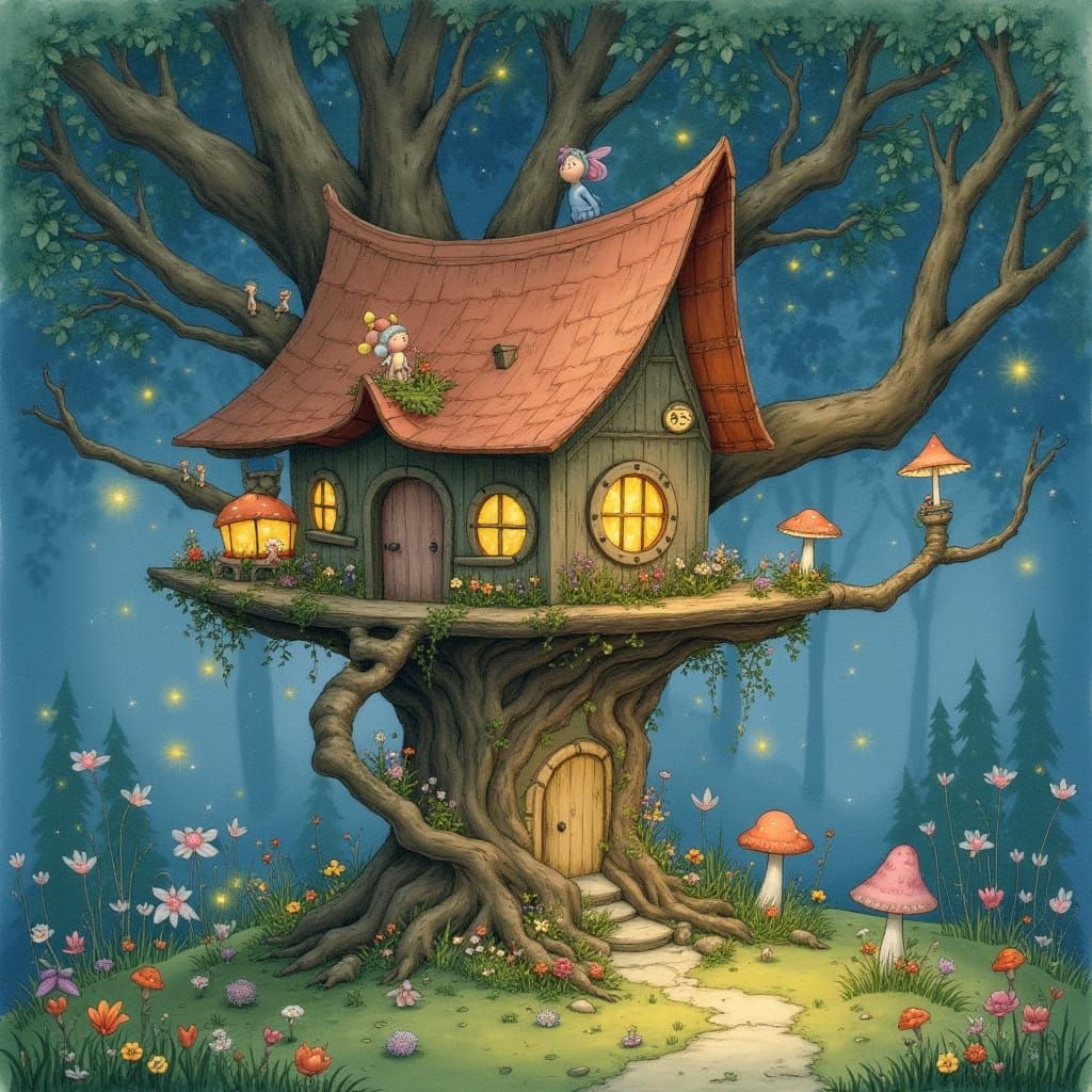 Enchanted Forest Treehouse with Fairies, Watercolor Art