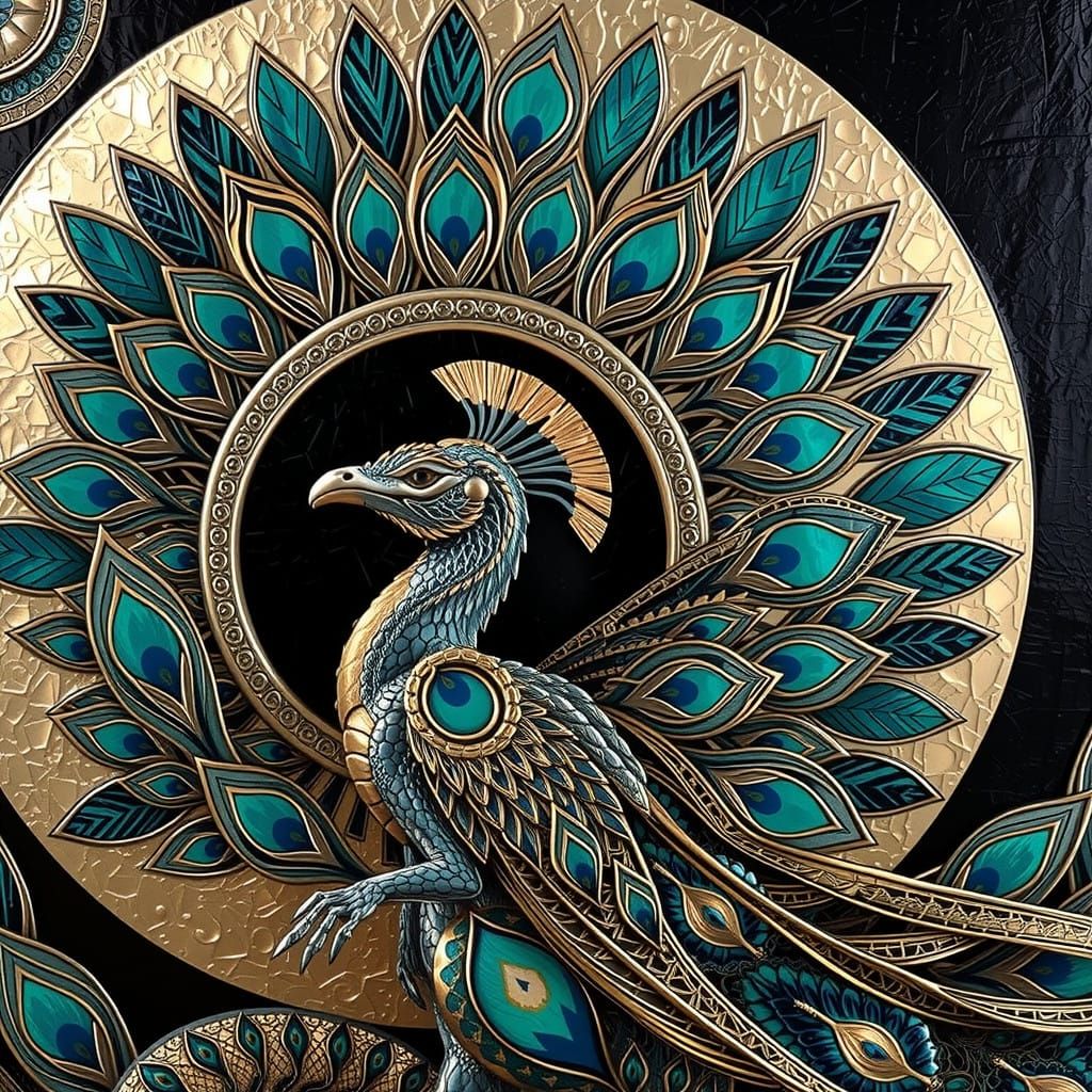 Ethereal Peacock Dragon Ascends Luxurious Stone Background