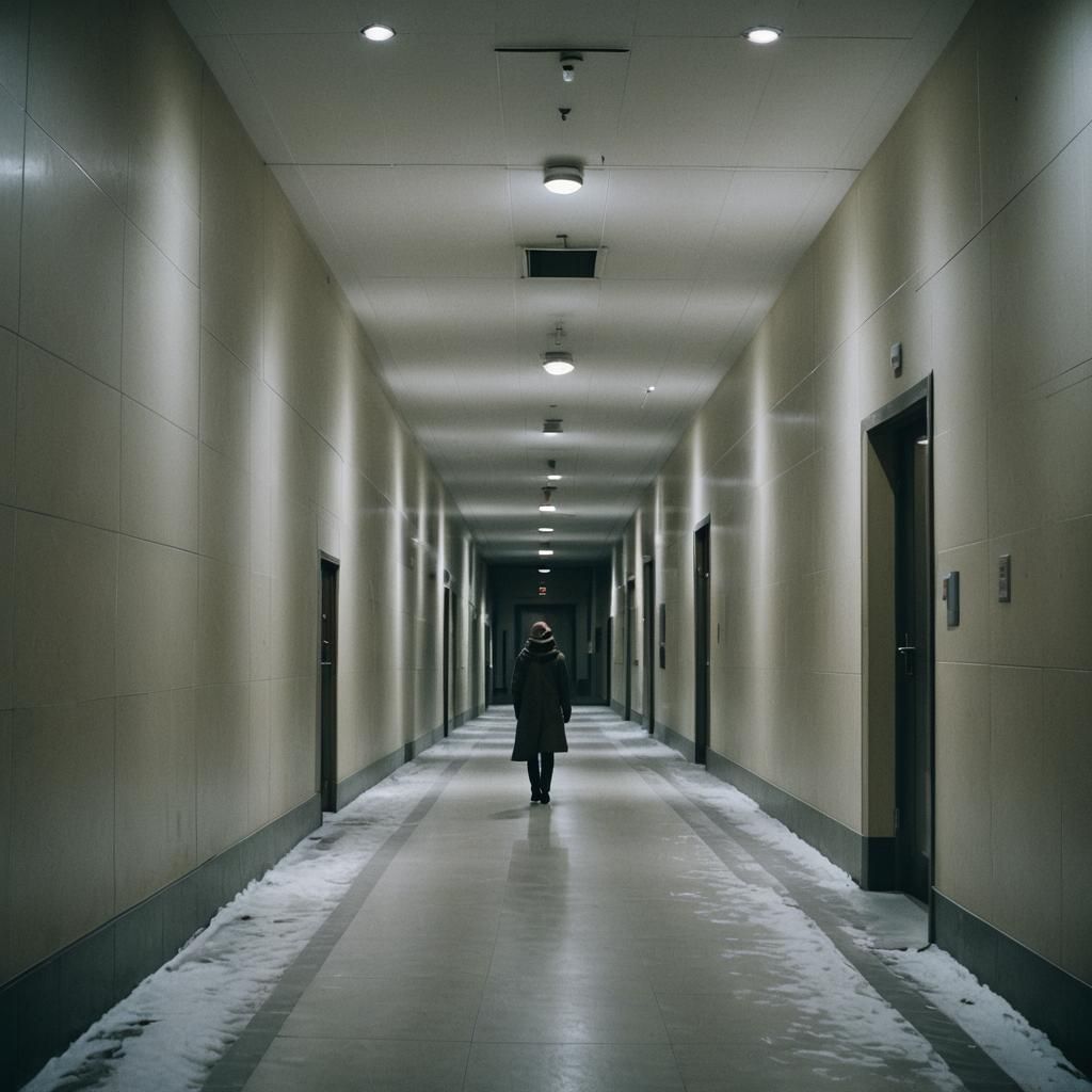 Evocative Cinematic Still of Silent, Empty Corridors