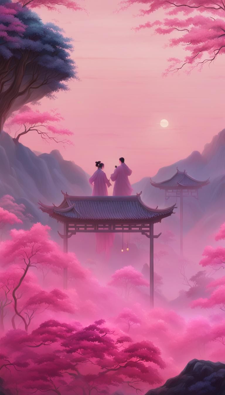 Romantic Chinese Couple in Pink Watercolor Landscape