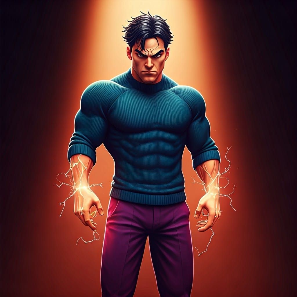 Elegant Hero Radiates Intensity on a Vibrant Crimson Stage