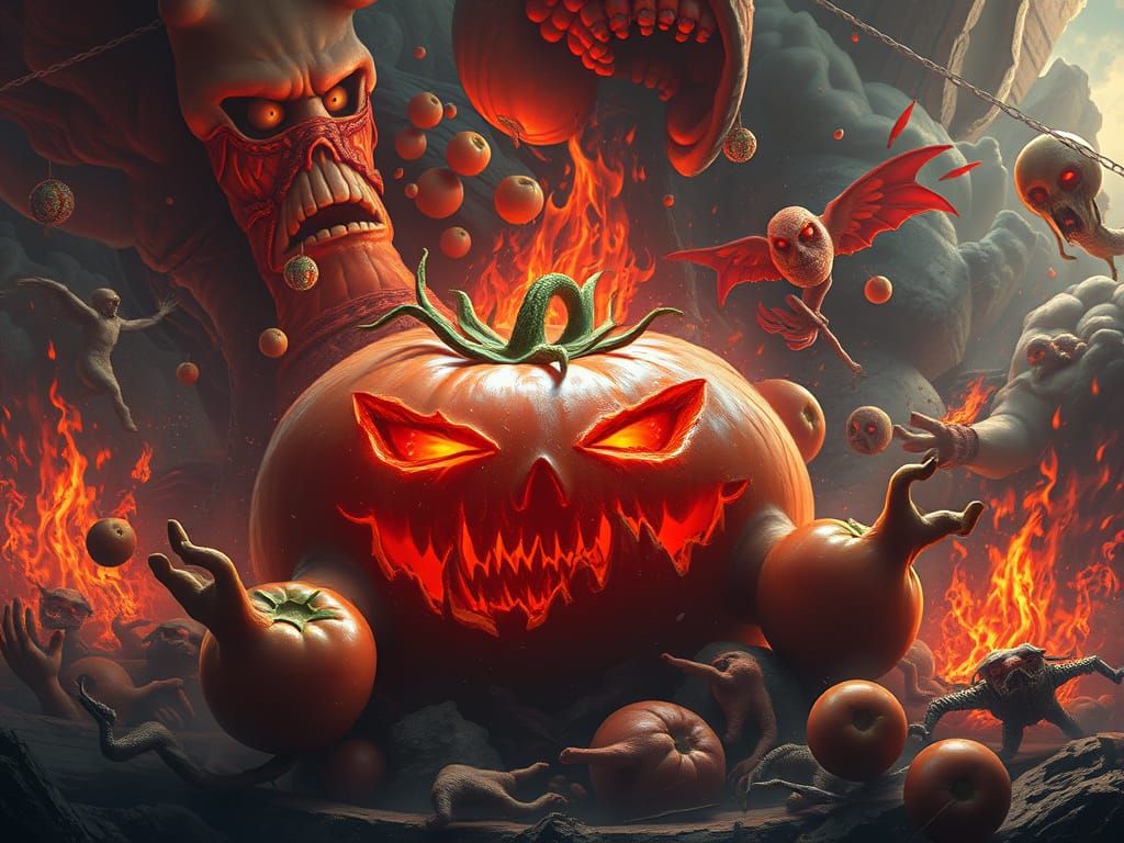 Giant Angry Tomato in Surreal Fantasy Style