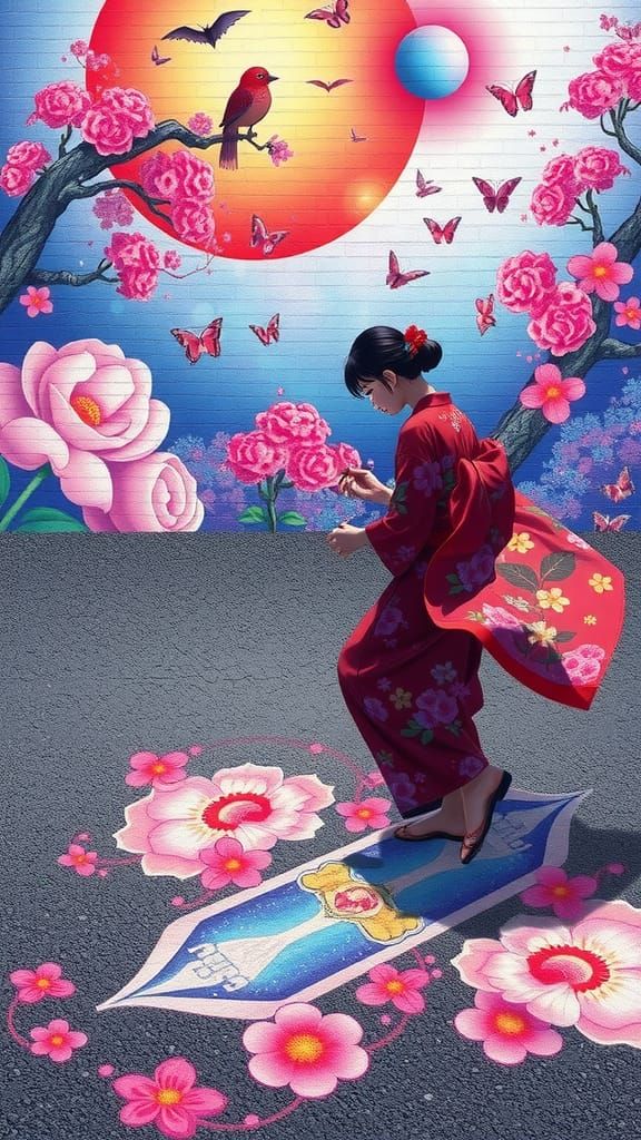 Anime Woman Paints a Dream World on Asphalt