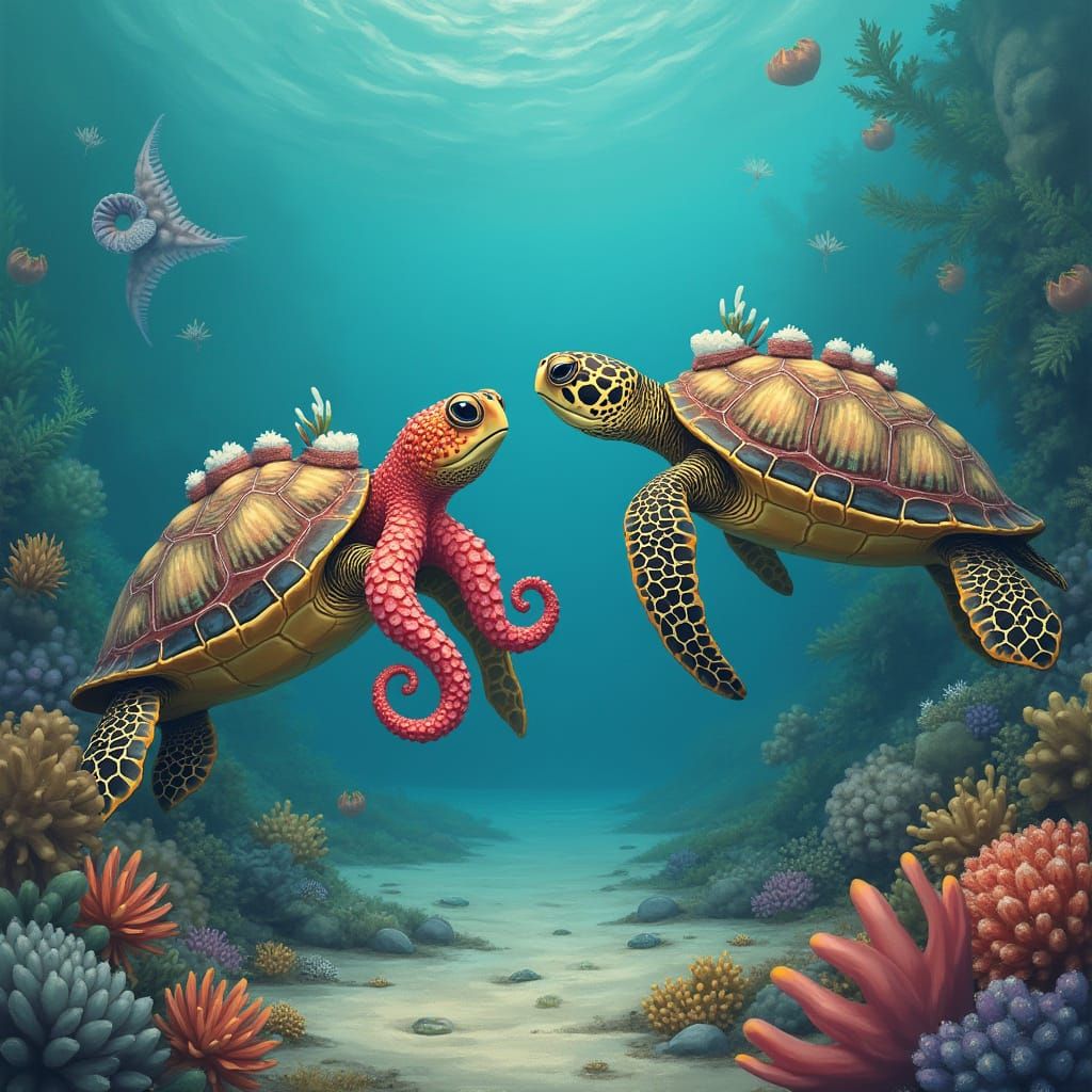 Turtles and Octopus Underwater Fantasy Art