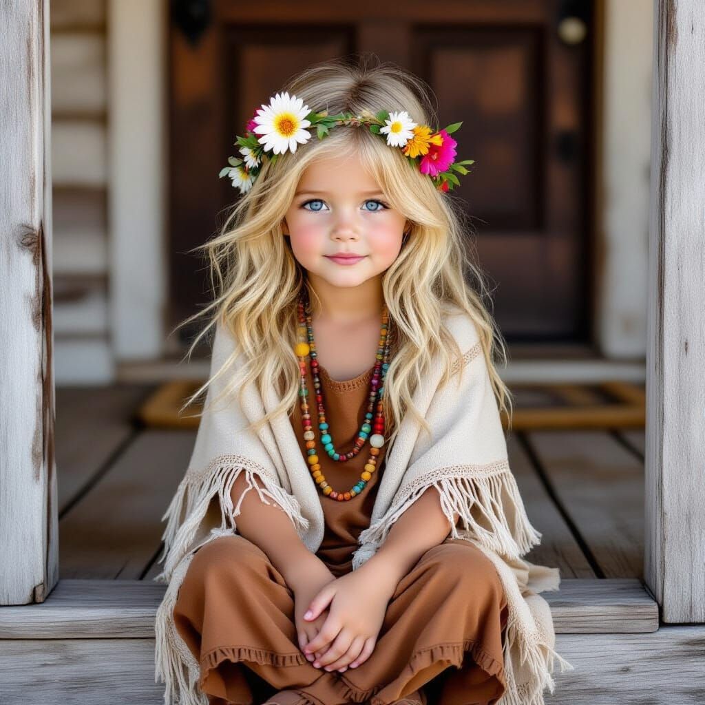 Girl with Flower Crown on Rustic Porch