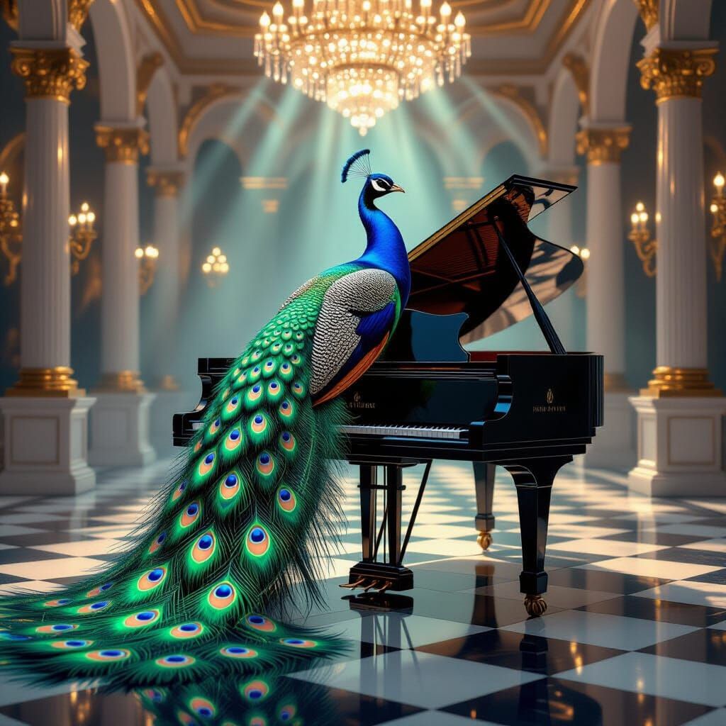 Bioluminescent Peacock on Grand Piano: Digital Art Masterpie...