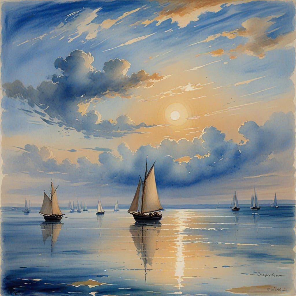 Surreal Watercolour Seascape with Blue Moon Rising