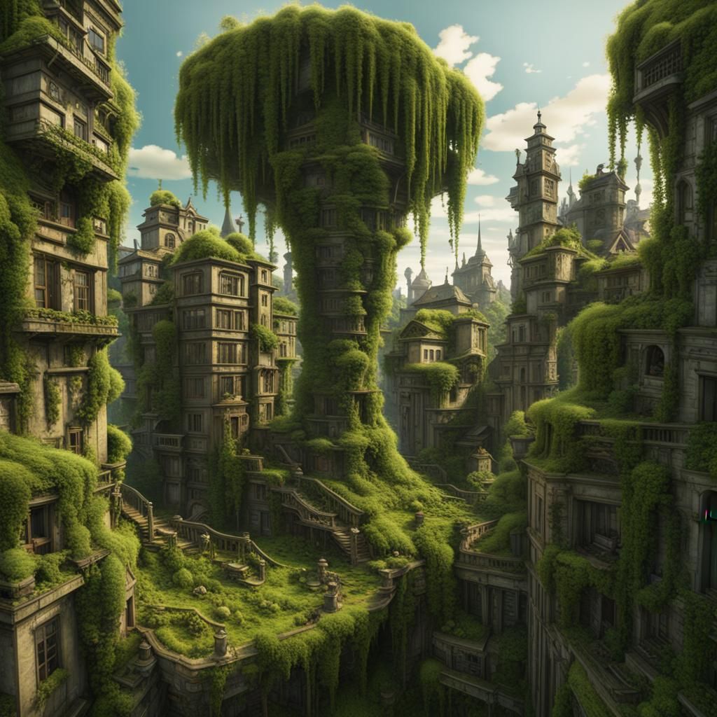 Overgrown Cityscape in Cubist Style