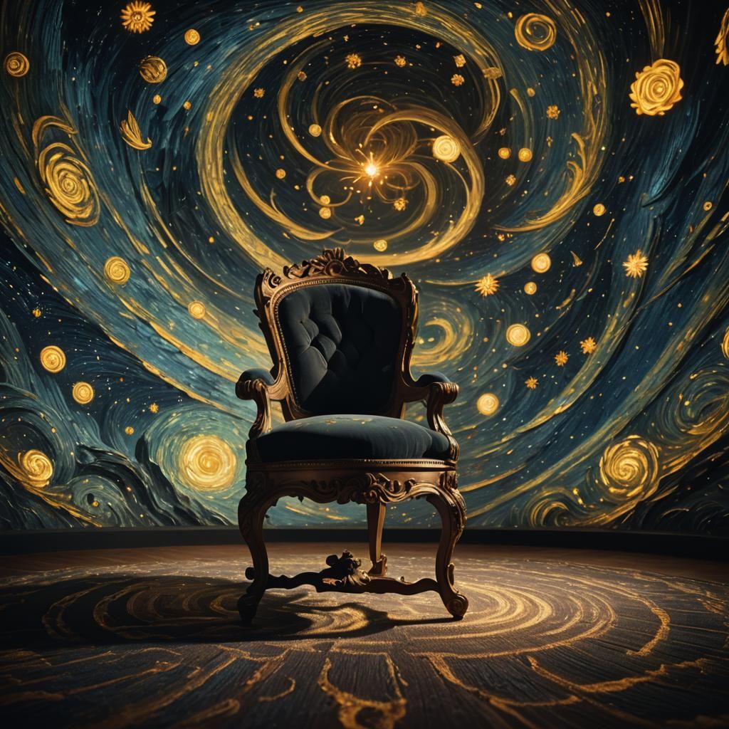 Swirling Starry Room with Baroque Chair in Van Gogh Style