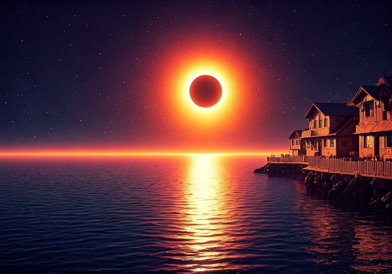 Dreamy Seaside Village Under Solar Eclipse: Pointillism Graf...