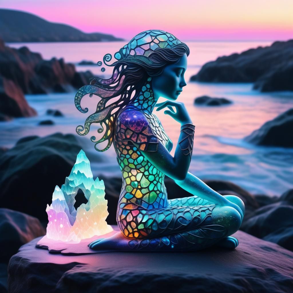 Enticing Siren Double Exposure in Cosmic Pastel Shades