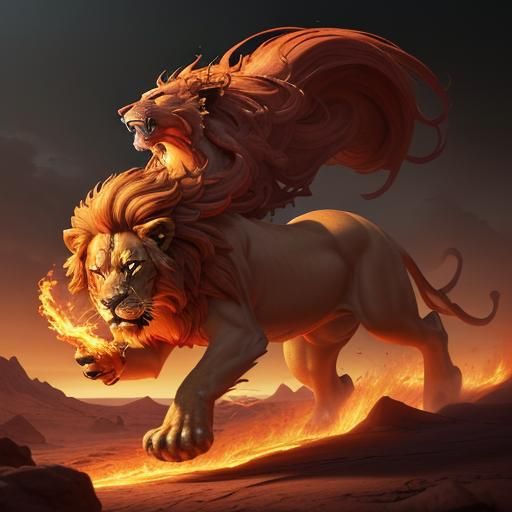 Golden Lion and Red Figure in Ring of Fire