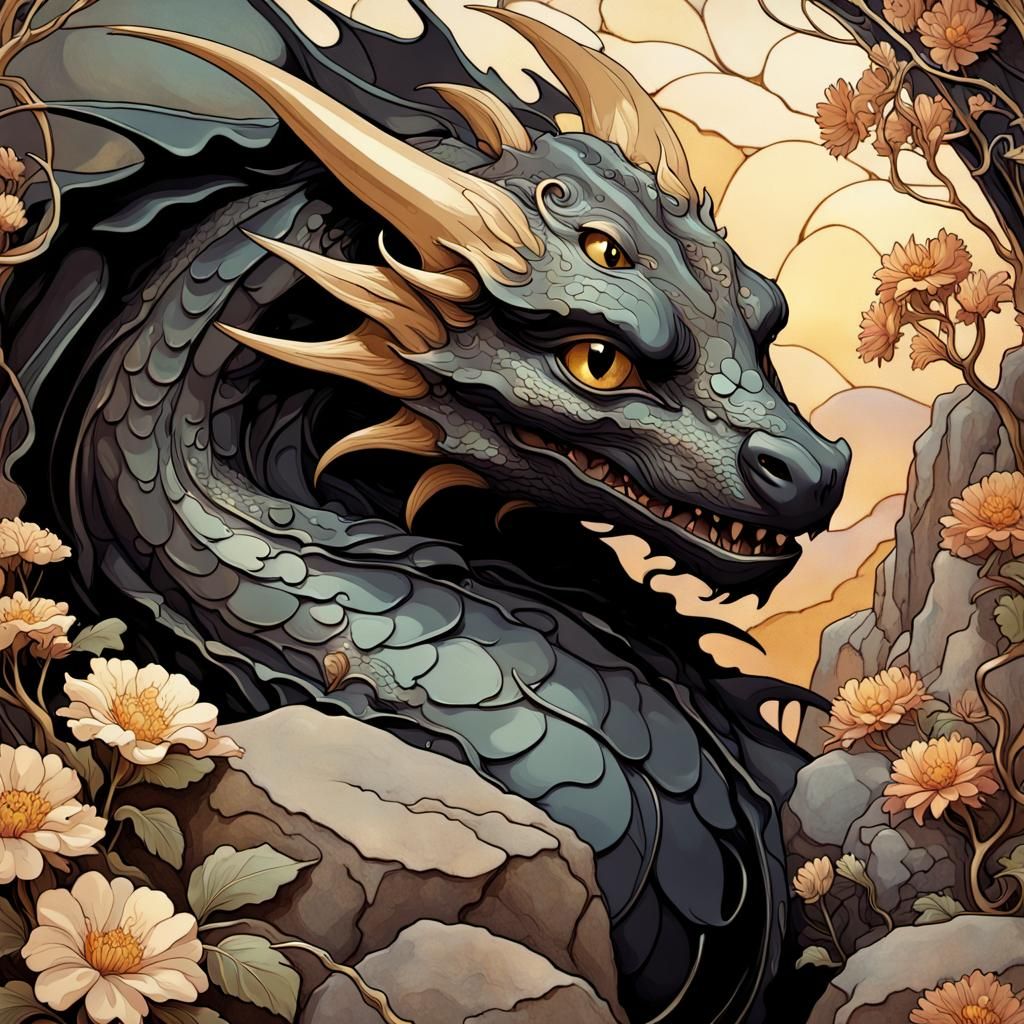 Toothless Dragon in Art Nouveau Style
