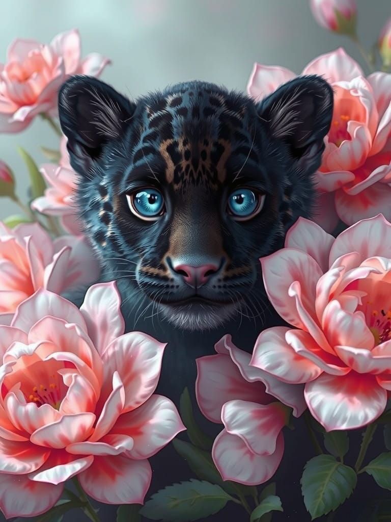 Whimsical Black Jaguar Surrounded by Pastel Blooms in Fantas...