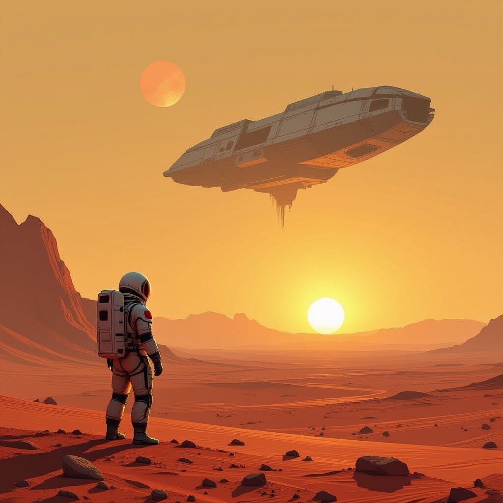 Astronaut Gazes at Binary Sunset on Red Planet
