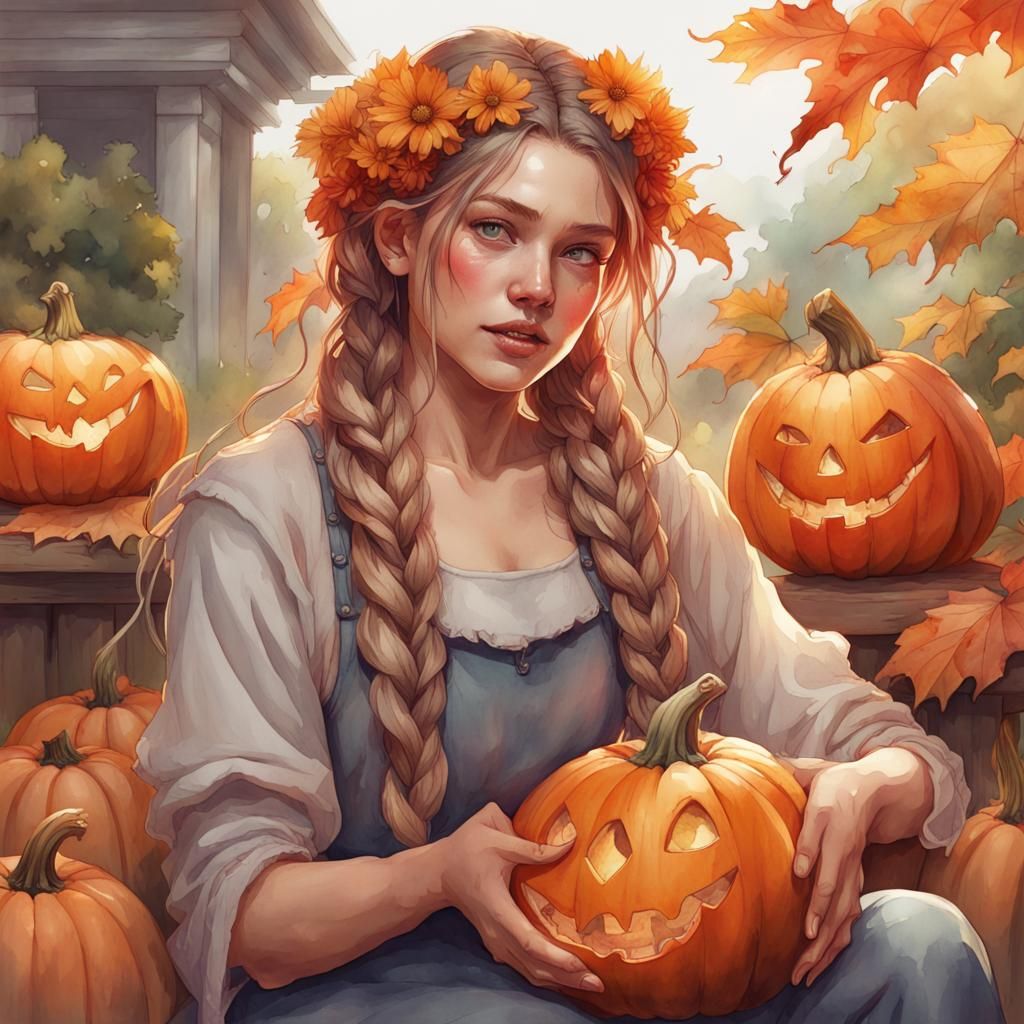 Girls Carving Pumpkins in Watercolor Style