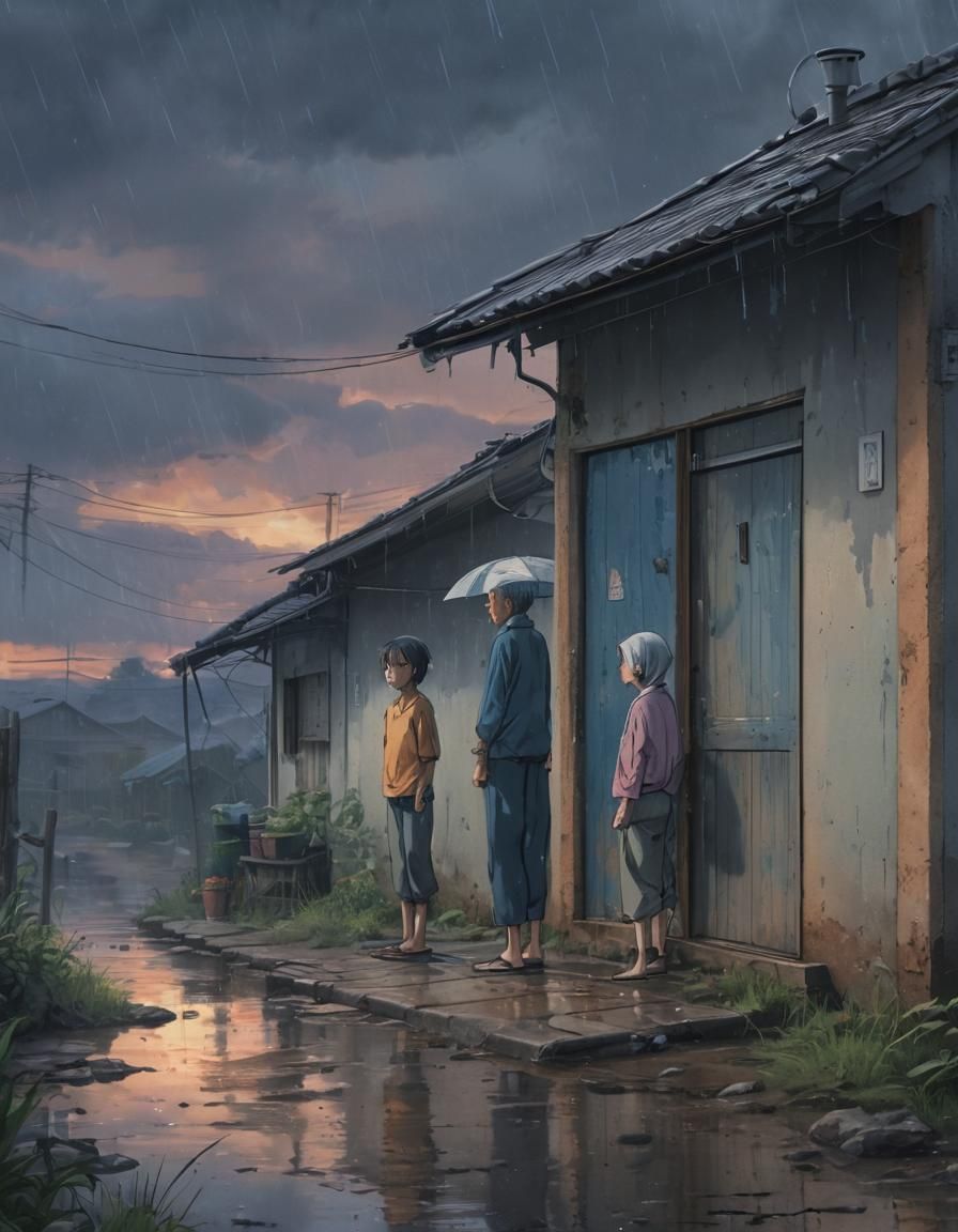 Emotional Anime Scene of Impoverished Family in Crisis