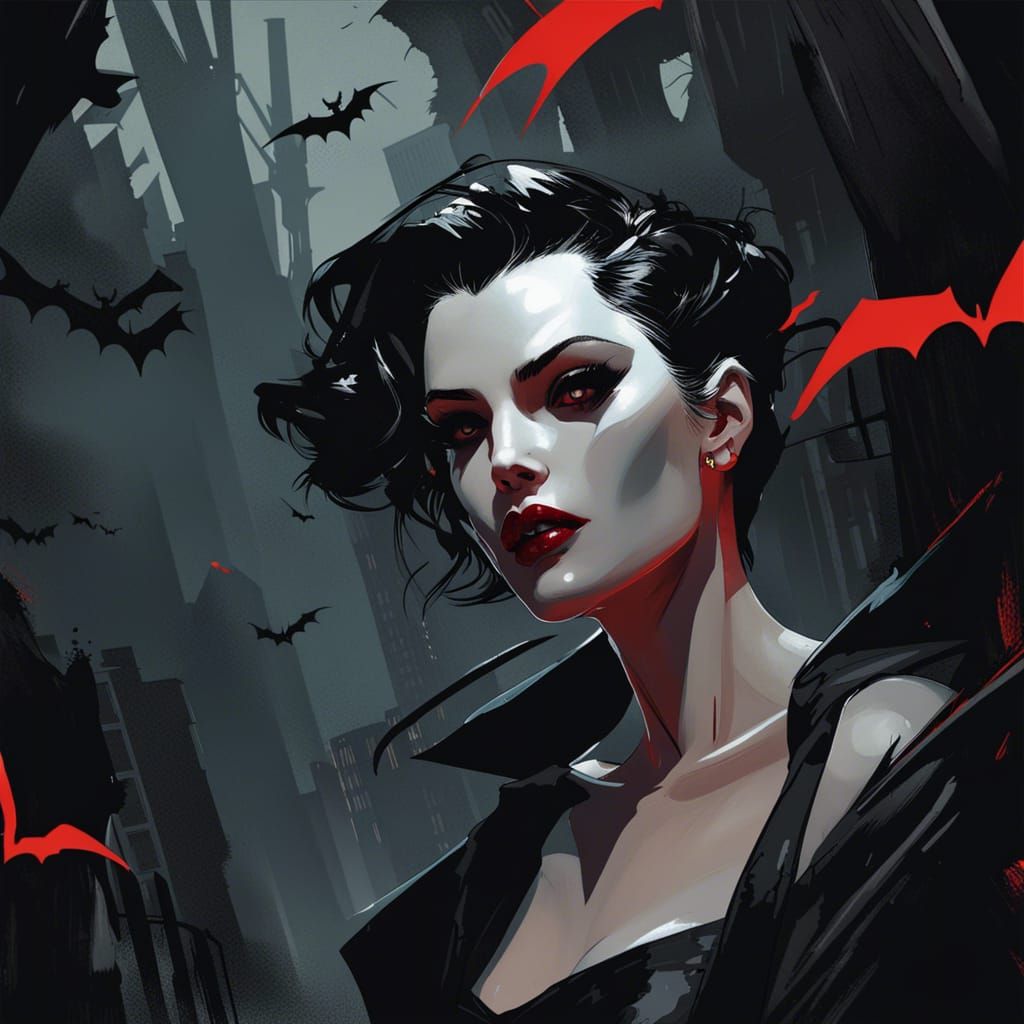 Elegant Vampire Huntress in Cyberpunk Comic Art