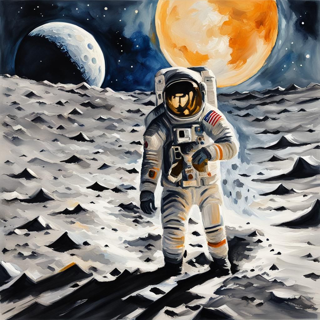 Gouache Painting: Moonwalking Woman and Astronaut Probe