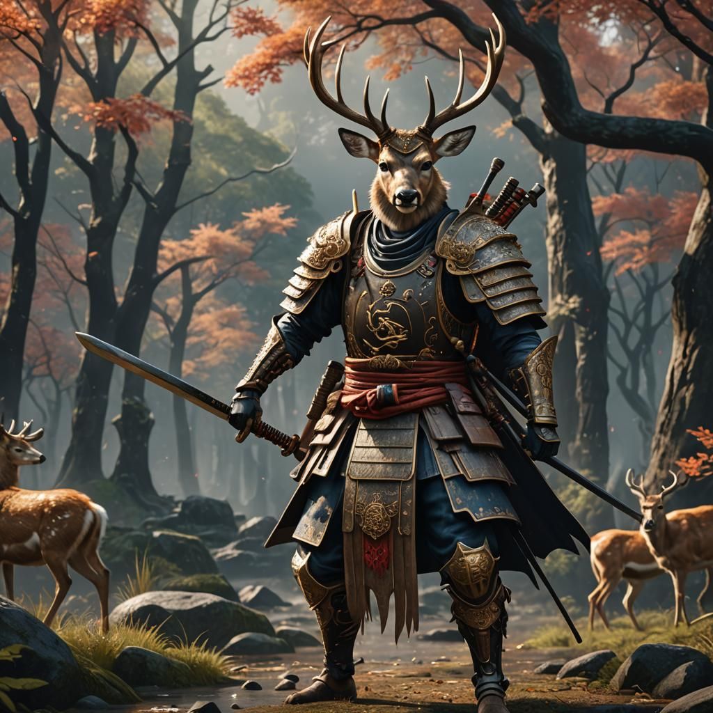 Armored Samurai Deer with Katana in 4K