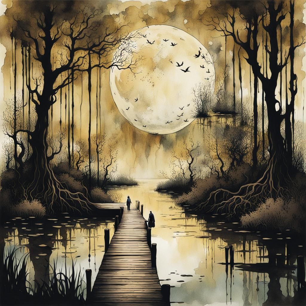 Ethereal Man on Dock Illustration with Ink Details