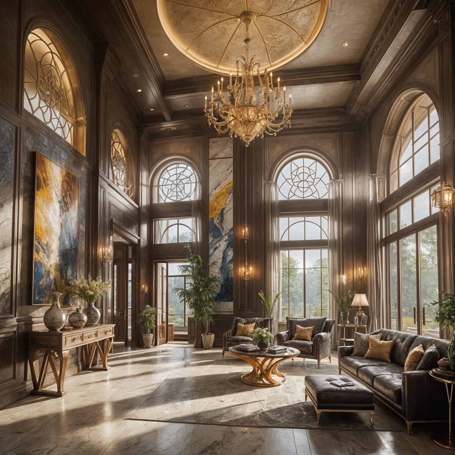 Grand Minimalist Foyer with Open Living Area