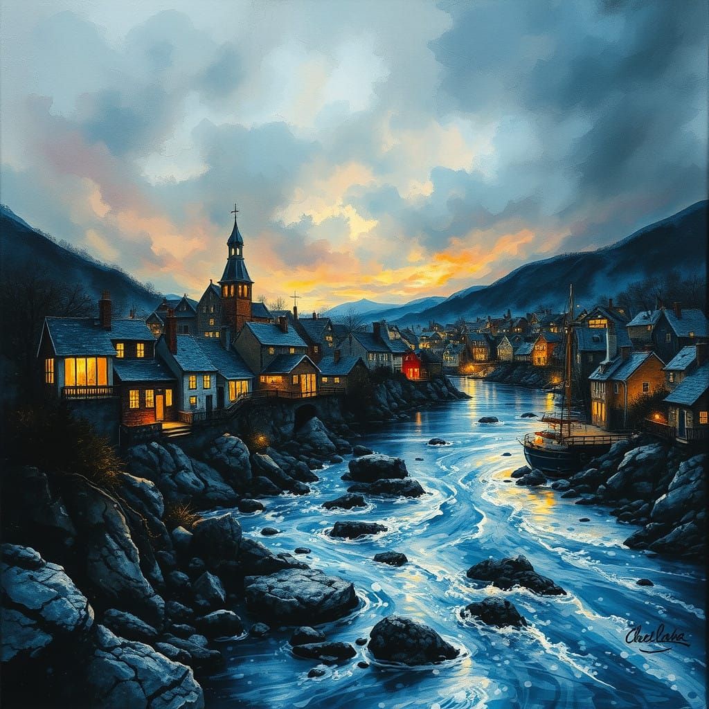 Surreal Dusk Town Masterpiece in Liquid Art