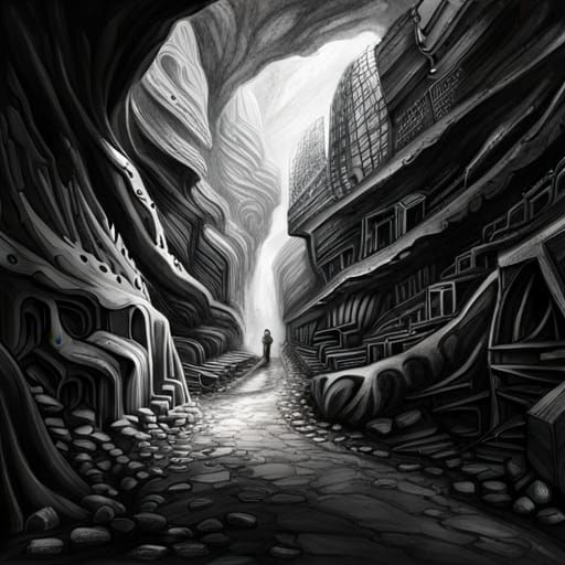 inside an epic massively expansive cave Epic  hyperdetailed charcoal drawing steampunk engine