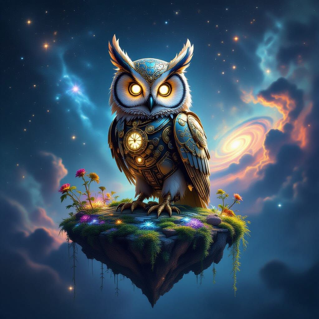 Mechanical Owl on Floating Island in Cosmic Nebula
