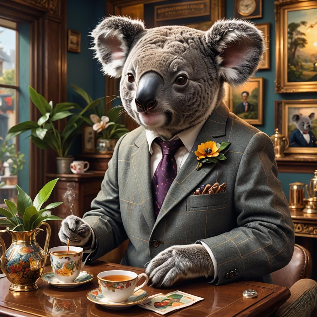 Koala Bear Sipping Tea: Hyperrealistic Splash Art