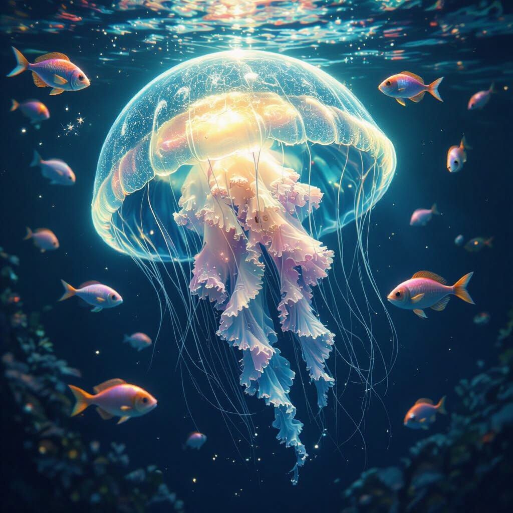 Bioluminescent Jellyfish in Alien Ocean, Art Nouveau