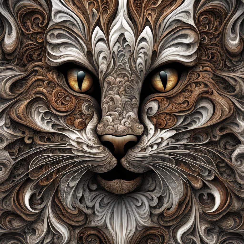 Black & Brown & White Fractal Vase with an animal CAT face